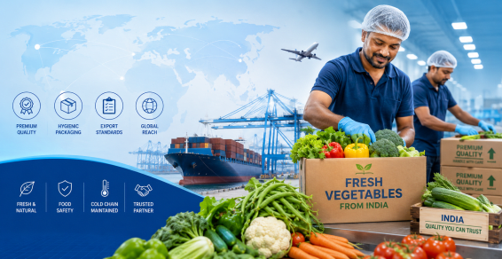 Fresh vegetables from India for export showcasing quality, hygienic packaging and international export standards in 2026