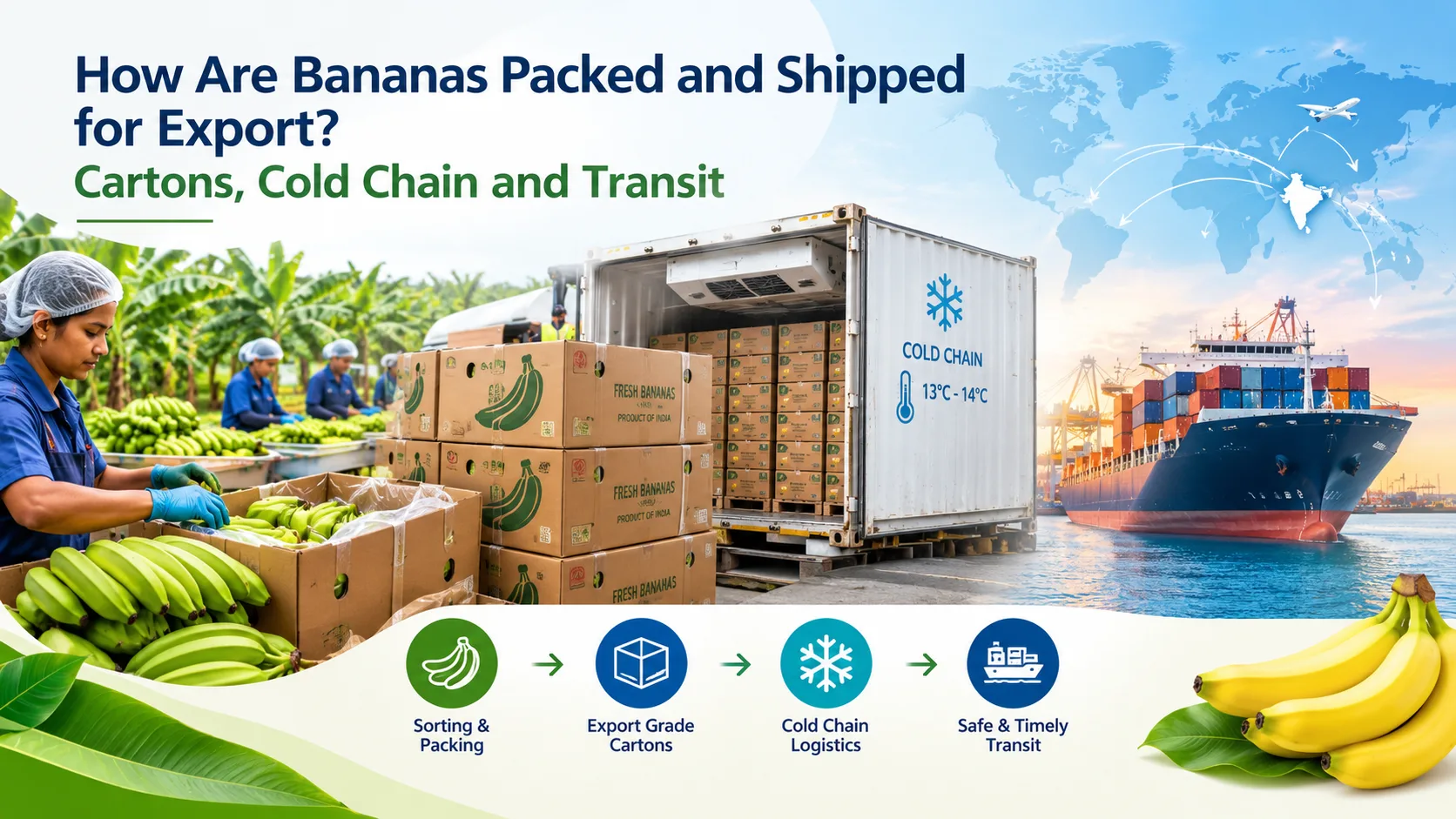 Indian Banana export process showing fresh green bananas being sorted and packed into export cartons, refrigerated cold-chain storage, and container shipping for international markets.